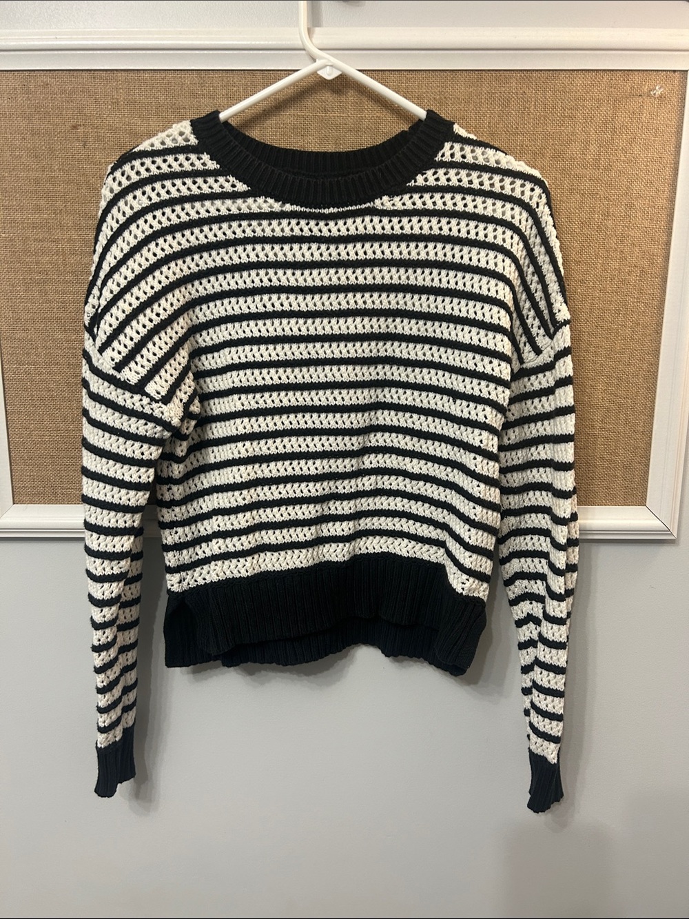 Aeropostale Black and White Striped Open-Knit Crew Sweater